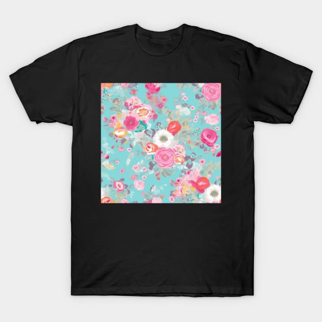 Pink and Blue Shabby Chic  Floral Flowers, Pretty Feminine Pattern on Blue Background T-Shirt by VintageFlorals